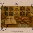 Scrivania in legno con libro di antropologia alimentare, piatto di spaghetti al pomodoro, pane rustico, taccuino con scritto “Note di campo”, occhiali, mappamondo e fotografie appese sullo sfondo.