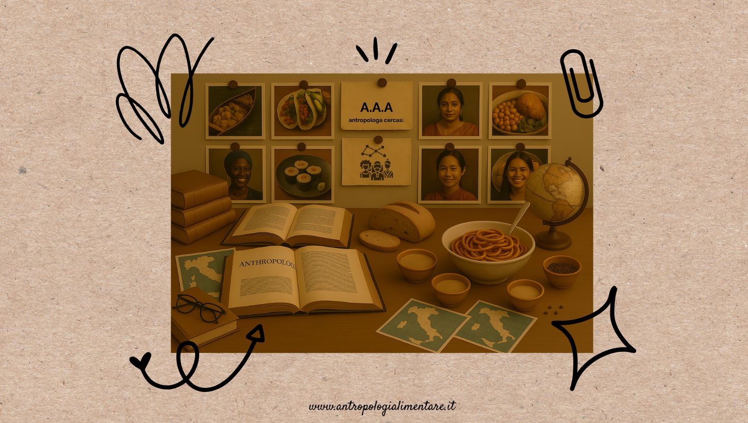 Scrivania in legno con libro di antropologia alimentare, piatto di spaghetti al pomodoro, pane rustico, taccuino con scritto “Note di campo”, occhiali, mappamondo e fotografie appese sullo sfondo.